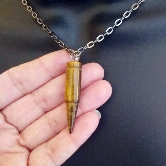 Real TigersEye Bullet + 24" Chain - Rugged Men's Necklace - Courage + Protection - Picture 2 of 10